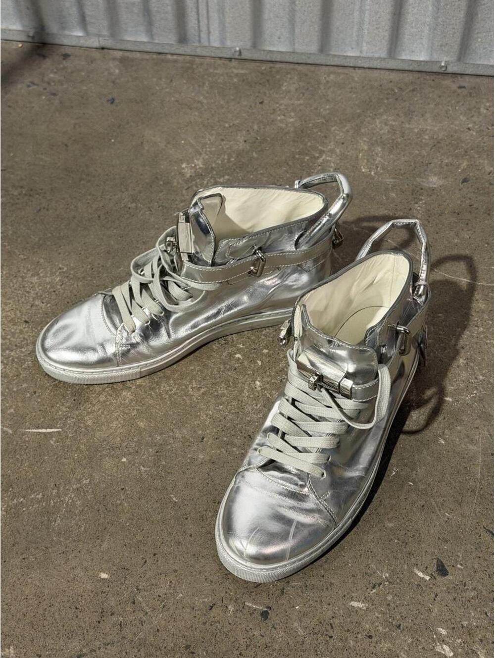 Buscemi 100MM Silver Metallic Leather High-Top Sneakers